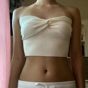 White Ribbed Strapless Crop Top